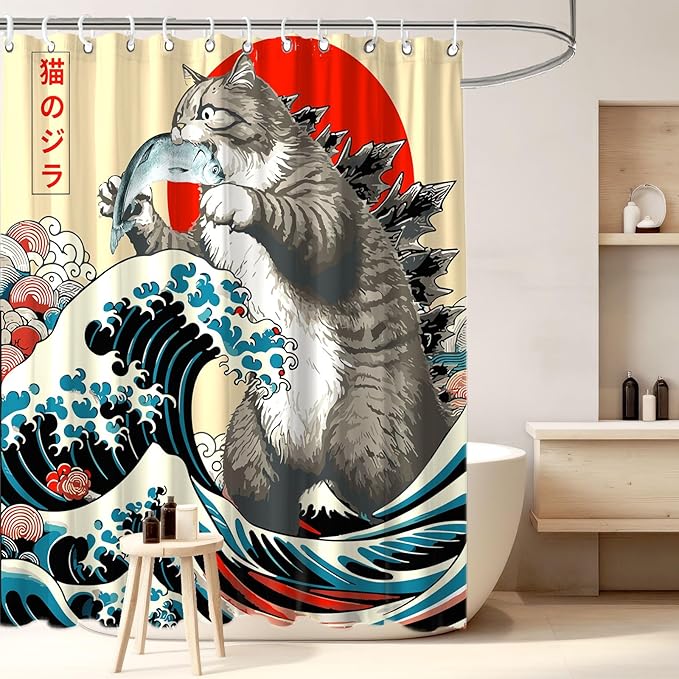 Funny Japanese Cat Shower Curtain, Vintage Cat Eating Fish Japan Art Anime Sunset Wave Waterproof Shower Curtain with Hooks, Animal for Kids Fabric Shower Curtains Bathroom Decor 72X72inches