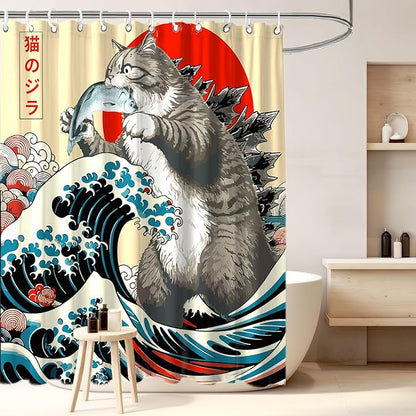 Funny Japanese Cat Shower Curtain, Vintage Cat Eating Fish Japan Art Anime Sunset Wave Waterproof Shower Curtain with Hooks, Animal for Kids Fabric Shower Curtains Bathroom Decor 72X72inches