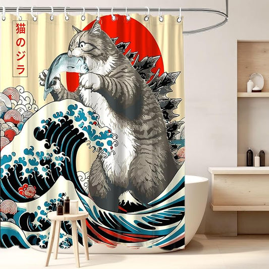 Funny Japanese Cat Shower Curtain, Vintage Cat Eating Fish Japan Art Anime Sunset Wave Waterproof Shower Curtain with Hooks, Animal for Kids Fabric Shower Curtains Bathroom Decor 72X72inches
