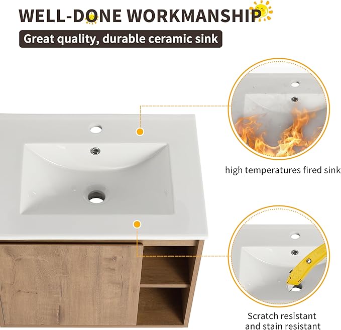 24 Inch Bathroom Vanity with Sink, Imitative Oak Modern Wall Mount Floating Vanity Set with Soft-Closing Door and Ceramic Basin, Contemporary Styling for Elegant Bathrooms