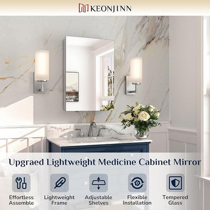 Keonjinn Medicine Cabinet with Mirror 16 x 24 Inch, Lightweight Aluminum | Effortless Assembly, Freely Adjustable Shelves, Safer Tempered Glass, Wall-mounted or Recessed, Soft Close DTC Hinges, Silver