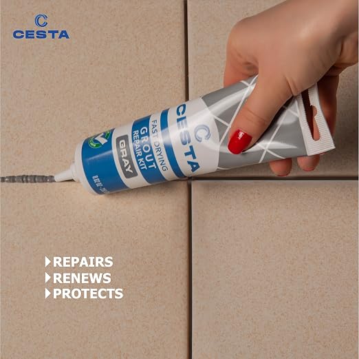 Tile Grout Repair Kit Grey - Fast Drying Premixed Grout Filler for Bathroom, Kitchen & Floor - Restore & Renew Tile Joints Line - Squeeze Tube with Applicator - Fills Cracks and Gaps (8.8 oz)