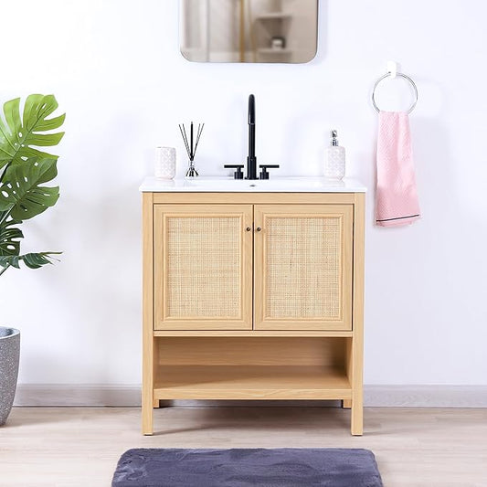 JONATHAN Y VAN1024A Jasper 30 in. W x 18 in. D x 33 in. H Rattan Modern Coastal 2-Shelf Bathroom Vanity Cabinet Only with Soft Closing Doors (Sink Basin Not Included), Oak