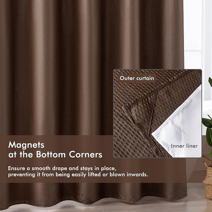 No Hook Shower Curtain with Snap-in Liner, Embossed Waffle Design Fabric Shower Curtain for Bathroom, Soft & Lightweight, 71x74, Chocolate