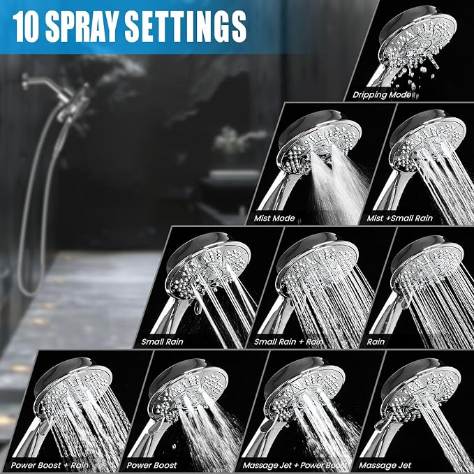 High Pressure Shower Heads, 7.2Inch 2 in 1 Rainfall Shower head & Handheld Showers with Magnetic Docking System, Ten-Function Handheld Shower Head with 59" Rotatable Stainless Steel Hose (Chrome)
