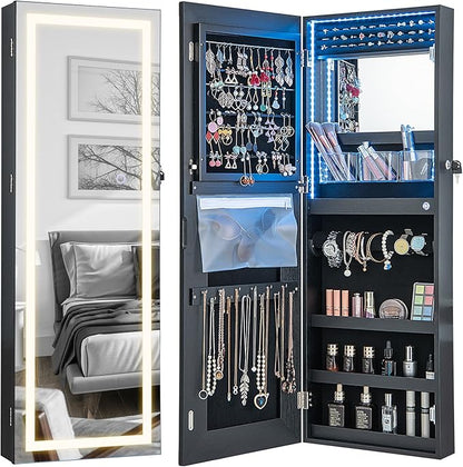CHARMAID LED Mirror Jewelry Cabinet, Lockable Jewelry Armoire with Adjustable Lighted Full Length Mirror, 3 Lighting Sets, Wall Mounted Door Hanging Jewelry Storage Organizer (Black, 42.5''H)