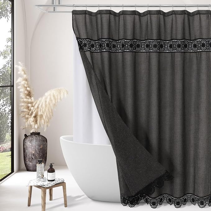 Boho Lace Shower Curtain Liner Set 72x72 | Farmhouse Shower Curtain with Macrame Decor, Bohemian Cotton French Country Bath Curtain , Black