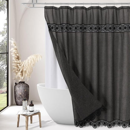 Boho Lace Shower Curtain Liner Set 72x72 | Farmhouse Shower Curtain with Macrame Decor, Bohemian Cotton French Country Bath Curtain , Black