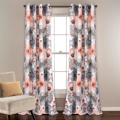 Lush Decor Leah Light Filtering Window Curtain Panels, Pair, 52" W x 84" L, Coral & Gray - Floral Drapes for Bedroom - Coral Curtains - Farmhouse Decor