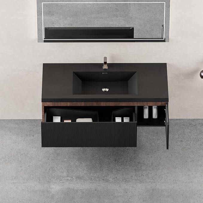48" Floating Bathroom Vanity with Sink, Wall-Mounted Smoked Walnut Storage Cabinet, Wave-Textured Soft-Close Drawer & Matte Black Quartz Sand Basin