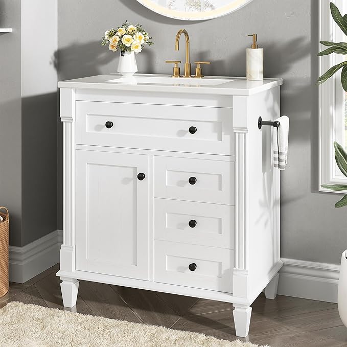 LIKIMIO 30 Inch Bathroom Vanity with Sink, Towel Holder & Adjustable Solid Wood Legs for Uneven Floor, Modern Bathroom Storage Cabinet with Tip-Out Drawer, 2 Drawers & Adjustable Shelf, White