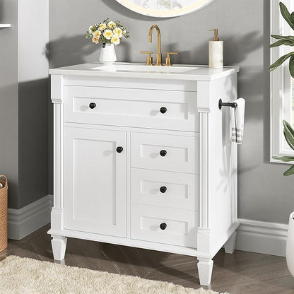 LIKIMIO 30 Inch Bathroom Vanity with Sink, Towel Holder & Adjustable Solid Wood Legs for Uneven Floor, Modern Bathroom Storage Cabinet with Tip-Out Drawer, 2 Drawers & Adjustable Shelf, White
