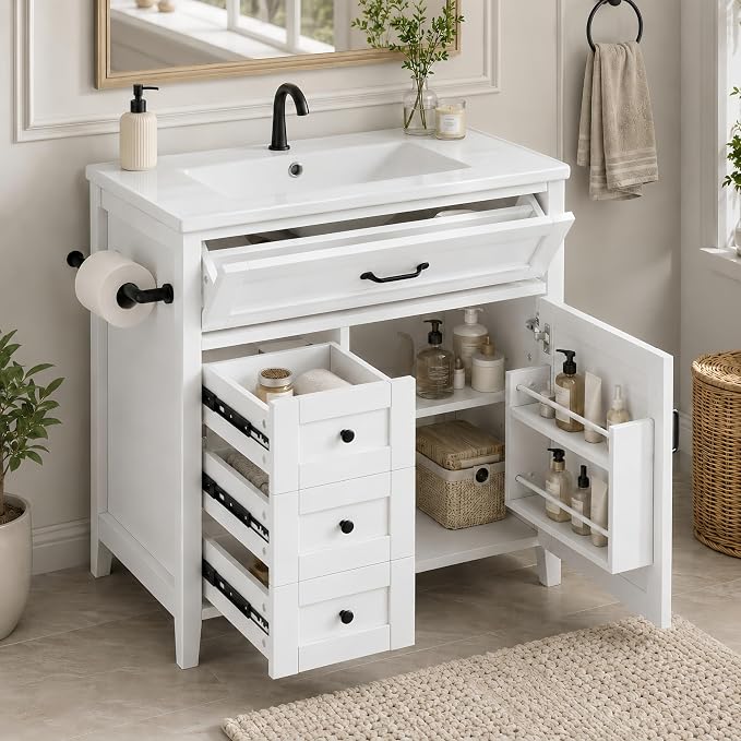 30" Bathroom Vanity with Sink, Freestanding Bathroom Cabinet | Ceramic Top & Backsplash, 3 Storage Drawers, 1 Tilt-Out Storage, Adjustable Shelving, Door Storage and Towel Bar, White