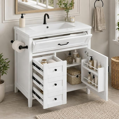 30" Bathroom Vanity with Sink, Freestanding Bathroom Cabinet | Ceramic Top & Backsplash, 3 Storage Drawers, 1 Tilt-Out Storage, Adjustable Shelving, Door Storage and Towel Bar, White
