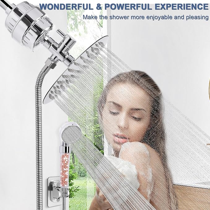 Filter Shower Head, High Pressure 8 Inch Rainfull with Filter Combo for Hard Water, Remove Chlorine Fluoride and Harmful Substances- 1 Replaceable Filter Cartridge (Round, Chrome)