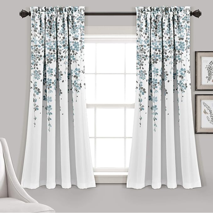 Lush Decor Weeping Flower Light Filtering Window Curtain Panels, Pair, 52"W x 63"L + 2" Header, Blue & Gray - Charming Modern Floral Curtains for Living Room, Dining Room, & Bedroom