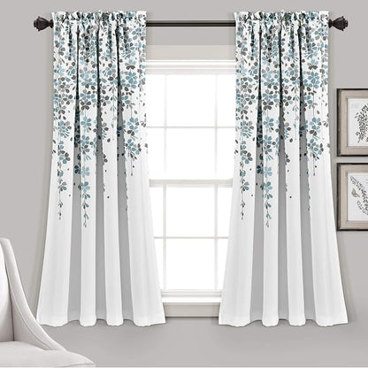 Lush Decor Weeping Flower Light Filtering Window Curtain Panels, Pair, 52"W x 63"L + 2" Header, Blue & Gray - Charming Modern Floral Curtains for Living Room, Dining Room, & Bedroom