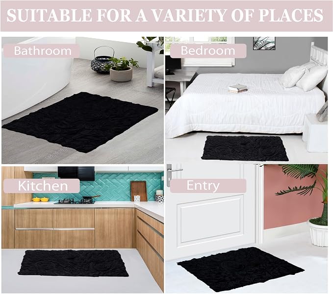 Home Weavers Bell Flower Collection 100% Cotton Tufted Bath Rugs, Extra Soft and Absorbent Bath Rugs, Non-Slip Bath Mats, Machine Washable, Bath Mats for Bathroom Floor, 21"x34" Rectangle, Black