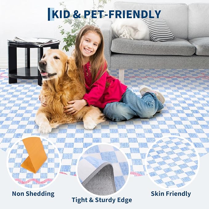 Garvee Washable 5x7 Area Rugs for Living Room, Baby Blue Checkered Cherry | Coquette Aesthetic Decor Non Slip Soft Bedroom Rugs Foldable Low Pile Stain Resistant Carpet for Playroom Nursery Girls Room
