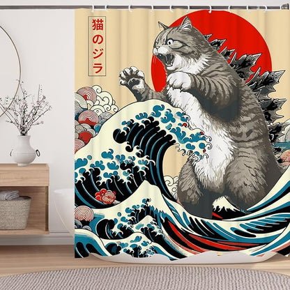 Funny Japanese Cat Shower Curtain,Vintage Cat Art Japan Sunset Waterproof Shower Curtain with Hooks, Fabric Shower Curtains for Bathroom Decor 48X72inches