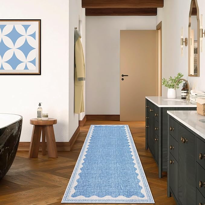 Garvee Washable Hallway Runner Rug 2x6 Runner Rug Bordered Wave Print Blue | Non Slip Entryway Rugs Foldable Non-Shedding Carpet Low Pile Stain-Resistant Indoor Soft Rugs for Laundry Kitchen Bathroom