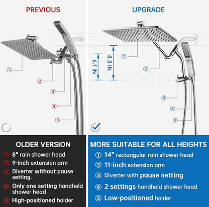 G-Promise 14 Inch All Metal Rain Shower Head with Handheld (Brushed Nickel) | Full Body Coverage, Pause Mode Diverter, Power Wash Mode Handheld, Suits Every Height, Easy to Install, Modern Bath Upgrade