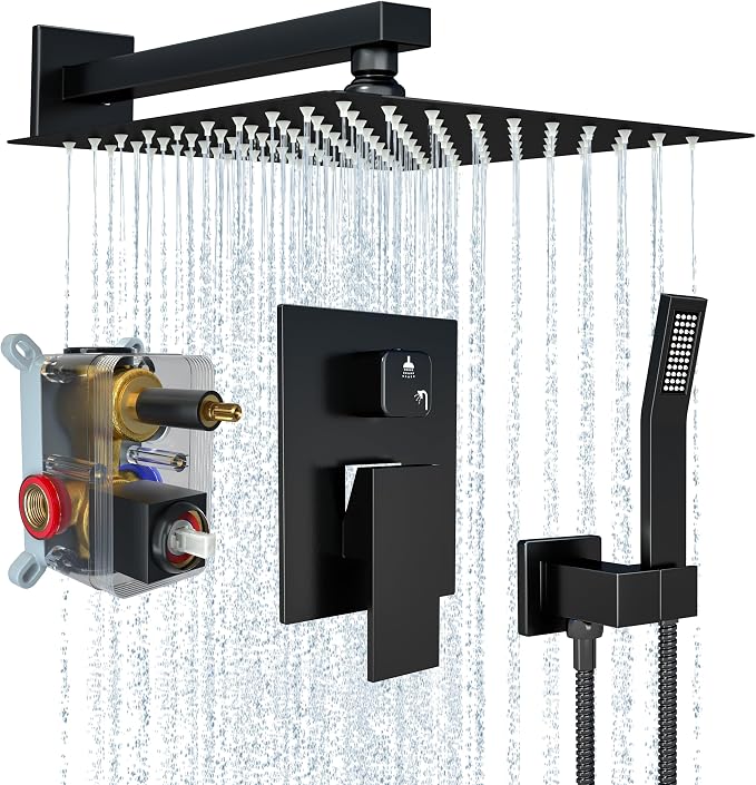Matt Black Shower Faucet Set with Handheld, 10 inch | Air Injection High Pressure Bathroom Shower System, Solid Metal Wall Mount Anti-Scald Water Saving Rainfall Shower Set Combo
