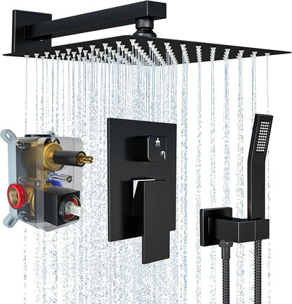 Matt Black Shower Faucet Set with Handheld, 10 inch | Air Injection High Pressure Bathroom Shower System, Solid Metal Wall Mount Anti-Scald Water Saving Rainfall Shower Set Combo