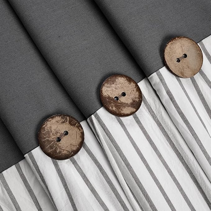 DOSLY IDÉES Farmhouse Shower Curtain, Beige and Gray Stripe, Button Curtain, Linen and Cotton Woven Fabric, Rustic Charm Country Chic Style, 72x72 in