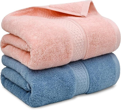 Cleanbear Ultra Soft Bath Towel Set of 2, 100% Cotton Towels, 55” x 27.5” | Bathroom Towels for Shower, Spa or Swim Use, Medium Weight Extra Absorbent (Pink, Blue-Grey)