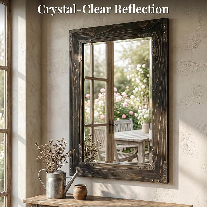 Rustic Black 24x36 Inch Wood Bathroom Vanity Mirror, Rivets | Industrial farmhouse, beveled glass edge, deep charcoal grain, single-sink bathrooms, hallways and entry consoles