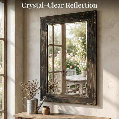 Rustic Black 24x36 Inch Wood Bathroom Vanity Mirror, Rivets | Industrial farmhouse, beveled glass edge, deep charcoal grain, single-sink bathrooms, hallways and entry consoles