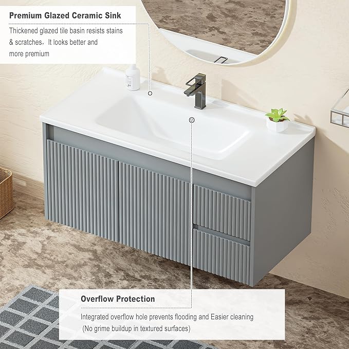 Floating Bathroom Vanity 40 Inch, Wall Mounted Bathroom Vanity with Ceramic Sink and 2 Drawers for Storage, Modern Wave-Carved Design Wooden Sink Cabinet, Grey