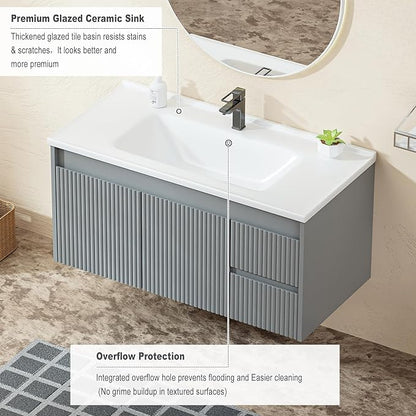 Floating Bathroom Vanity 40 Inch, Wall Mounted Bathroom Vanity with Ceramic Sink and 2 Drawers for Storage, Modern Wave-Carved Design Wooden Sink Cabinet, Grey