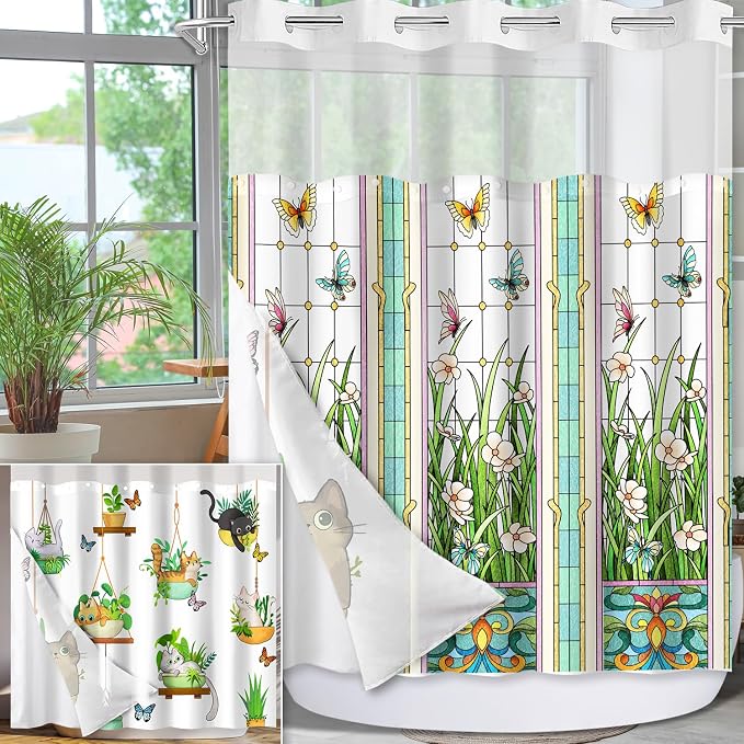 No Hook Shower Curtain Snap in Liner with 2 Replaceable Curtain Panels Pattern Waterproof Fabric Washable Shower Curtain Set for Bathroom Bathtub, Hotel Style with See Through Mesh Top Window 71 x 74"