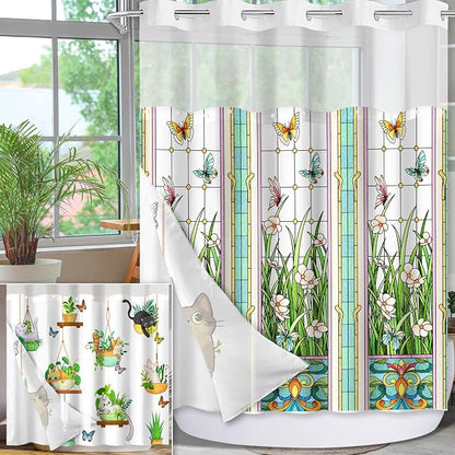 No Hook Shower Curtain Snap in Liner with 2 Replaceable Curtain Panels Pattern Waterproof Fabric Washable Shower Curtain Set for Bathroom Bathtub, Hotel Style with See Through Mesh Top Window 71 x 74"