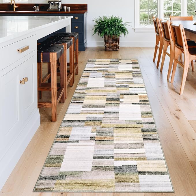 Washable Runner Rugs 2x6 Rug Runner Modern Non Slip Kitchen Rugs Indoor Entryway Rug Farmhouse Soft Bath Mat Stain Resistant Carpet for Bedroom Hallway Laundry 2'x6' Khaki&Grey