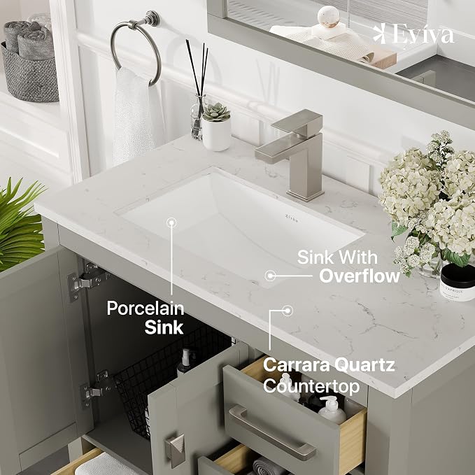 Eviva London 38 Inch Bathroom Vanity in Grey with Quartz Countertop and Porcelain Sink - 38" Single Sink Bathroom Vanity - 38 in Bathroom Vanities & Modern Bathroom Sink Cabinet for Storage and Style
