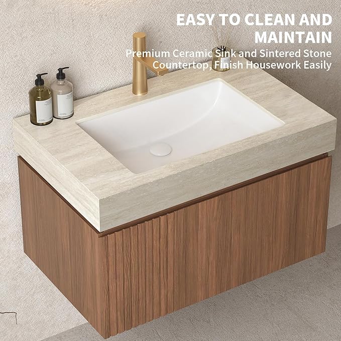 LKTART Floating 30 Inch Bathroom Vanity with Sink, Modern Plywood Wall Mounted Bathroom Storage Cabinet with 1 Door and 1 Drawer, Roma Travertine-Pattern Sintered Stone Countertop and Ceramic Basin