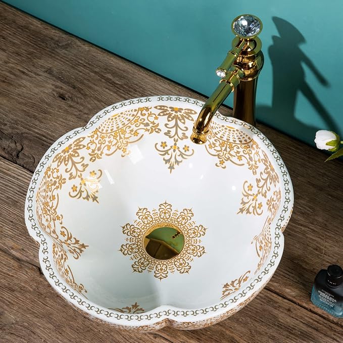 Moroccan Style White Gold Flower Shape Bathroom Vessel Sinks Art Ceramic Above Counter Sink Bowl for Vanity Top,Size Dia.16.4"