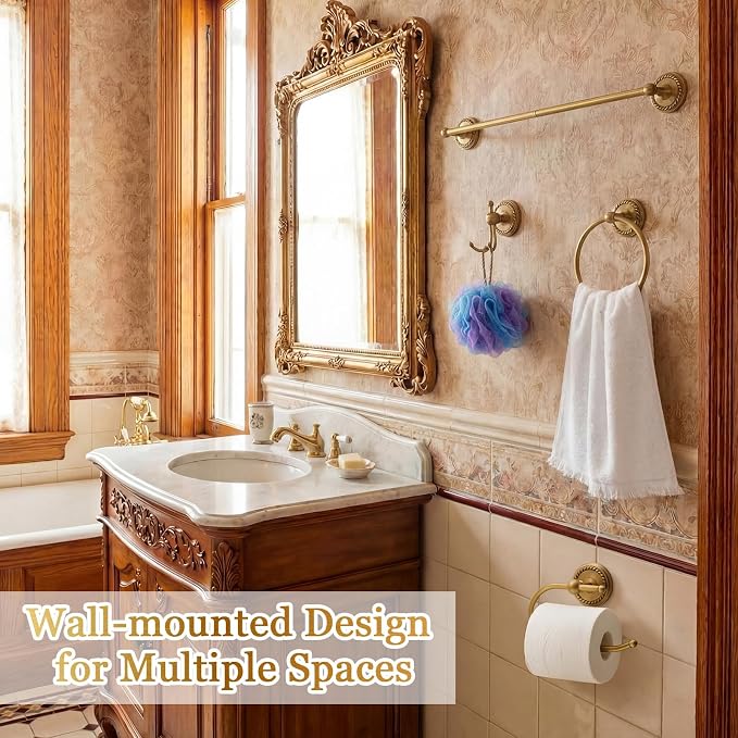 4 Pcs Antique Brass Gold Bathroom Accessories Set Wall-Mounted Towel Rack & Towel Ring & Toilet Paper Holder & Robe Hook, Wall Mounted Brass Vintage Bath Hardware Fixture Set(Style 5)