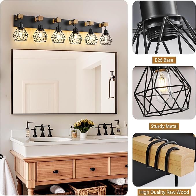 VbiTmn Bathroom Light Fixtures,6 Light Black Farmhouse Wood Vanity Lights | Rustic Design, Diamond Metal Shades, Easy to Install, Wall Sconces for Bathroom, Bedroom, Makeup Area, Over Vanity Mirror