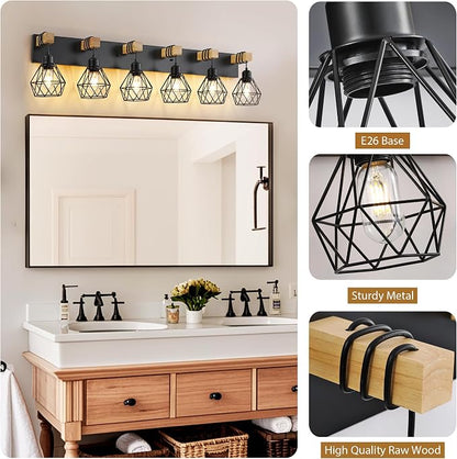 VbiTmn Bathroom Light Fixtures,6 Light Black Farmhouse Wood Vanity Lights | Rustic Design, Diamond Metal Shades, Easy to Install, Wall Sconces for Bathroom, Bedroom, Makeup Area, Over Vanity Mirror