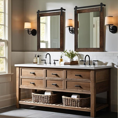 COGOOD Farmhouse Bathroom Mirrors for Over Sink - 30 x 22 Black Brown | Rustic Barn Door Wood Framed Vanity Mirror for Entryway, Living Room, Bedroom, Dresser Wall Decor