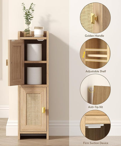 Rattan Small Bathroom Cabinet with 2 Doors, 7.9''D x 7.9''W Narrow Toilet Paper Storage Cabinet, Bathroom Organizer for Small Spaces, Wooden Slim Corner Unit with Adjustable Shelf, Natural Oak