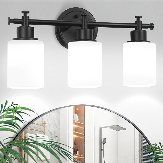 3 Light Black Bathroom Light Fixture, Modern Vanity Lights Over Mirror | Bathroom Wall Sconce with White Glass Shade, Modern Anti-Rust Vanity Light Fixture, Hardwired, E26(Bulbs Not Included)