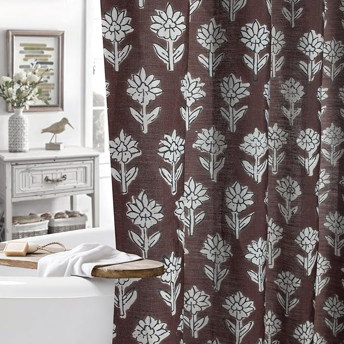 MUGINYU Brown Floral Shower Curtain Vintage Block Print - 72x72 Inches,Cotton Blend Cloth Fabric,Neutral Farmhouse Decorative French Country Bathroom Decor, Cottagecore Aesthetic Pattern