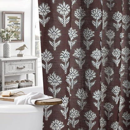 MUGINYU Brown Floral Shower Curtain Vintage Block Print - 72x72 Inches,Cotton Blend Cloth Fabric,Neutral Farmhouse Decorative French Country Bathroom Decor, Cottagecore Aesthetic Pattern