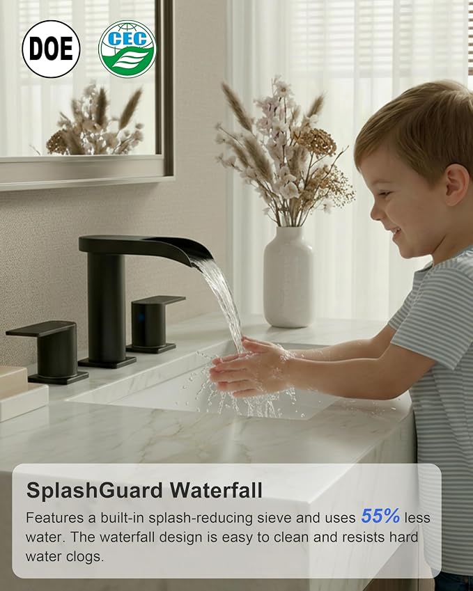 Matte Black 8 Inch Widespread Bathroom Faucet 3 Hole, Waterfall Sink Faucet with Drain, Modern Aesthetic for Bathroom Upgrade & Renovation, Splash-Free Design, Stain-Resistant Finish