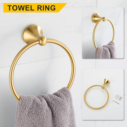 4 Pcs Gold Bathroom Hardware Set - Brushed Brass Gold Bathroom Accessories Kit, Stainless Steel Wall Mounted 23.6 Inch Towel Bar | Towel Hook | Toilet Paper Holder | Hand Towel Holder